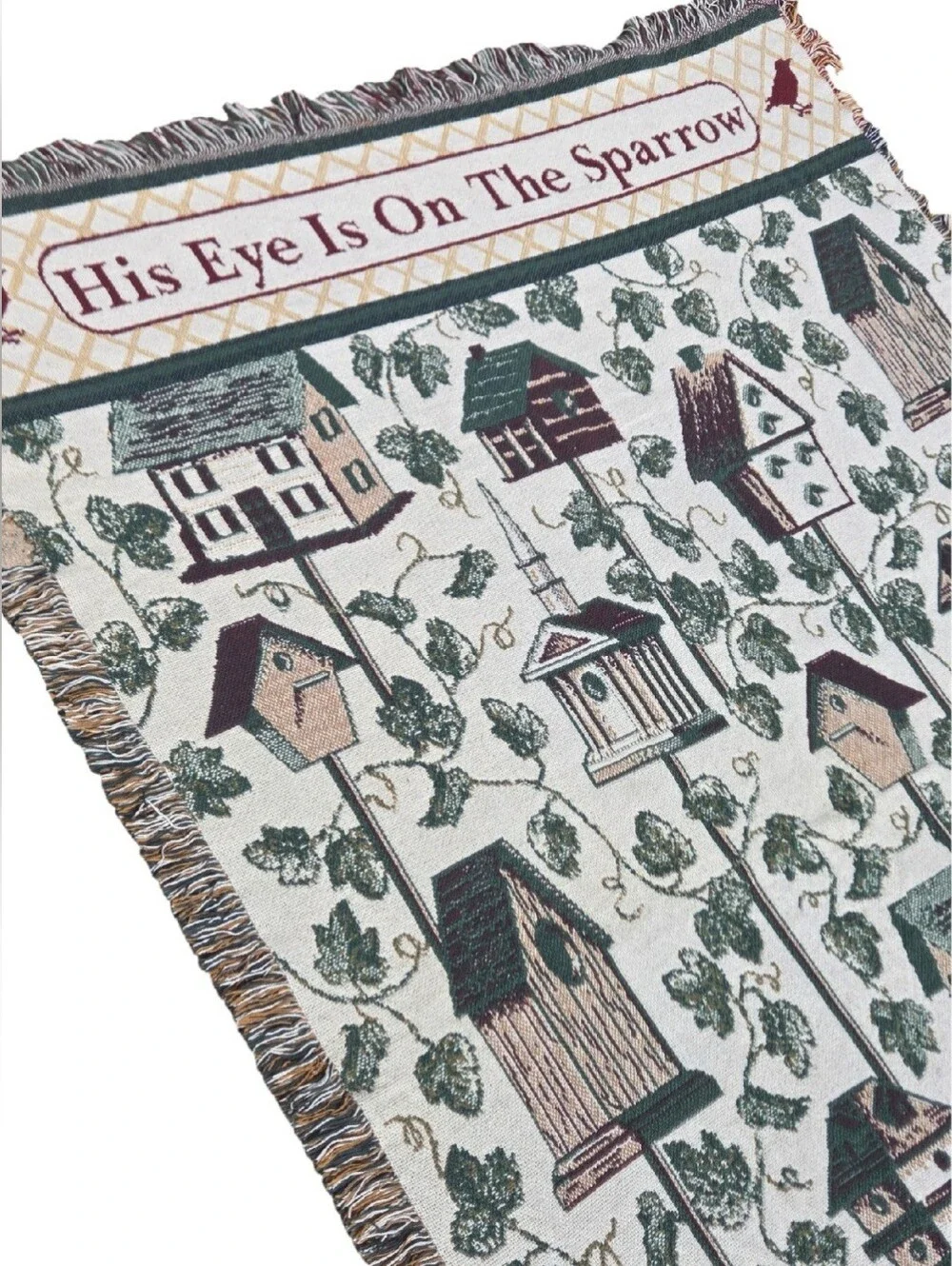 Vintage Christian Throw Blanket His Eye Is On The Sparrow Birdhouse Tapestry 90s